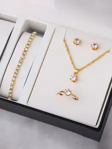 Elegant Minimalist Feng Shui Diamond Necklace Bracelet Earrings Ring Set, Fashionable Jewelry Gift for Women, Complete Four-Piece Set