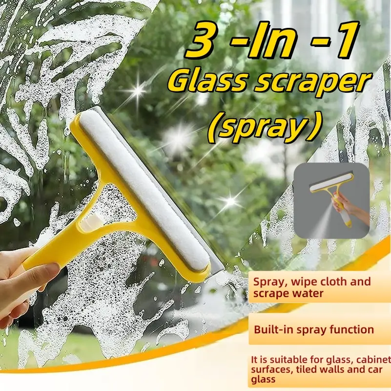 3 in 1 Multi-Function Window Squeegee Tool - Silicone Microfiber Scrubber with Spray, Lightweight for Household, Car Windshield Glass Cleaning