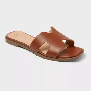 Women’s Nina Slide Sandals Cognac Cushioned Insole Slip-On Wide Band Cutout Open Toe Casual Comfort Sandals Size 10