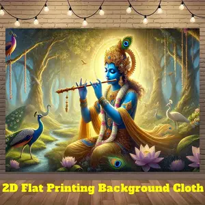 2D Flat, 1pc Indian Deity Krishna Radha Pastel Blue & Golden Flat Banner - Polyester Fabric Wall Hanging for Photography Backdrop, Party Decorations, Live Stream Background - Hindu Temple Art Cultural Wall Decor, No Electricity Needed, 2D Flat