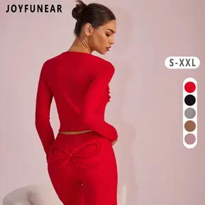 [US shipping]Joyfunear Solid Color Knitted Long-Sleeved Round Neck Top & Casual Straight-Leg Pants Set with Bow Decoration for Daily Wear