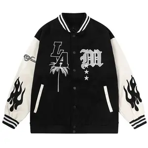 Letter Embroidery Men's Baseball Jacket Y2k Flame Leather Varsity Jacket Windbreaker High Street Hip-Hop Vintage Coat Clothing