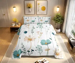 Watercolor Floral Bedding Set,Teal Beige Flower Comforter Set,Women Modern Minimalist White Down Comforter,Pastoral Branches Aesthetic Quilt