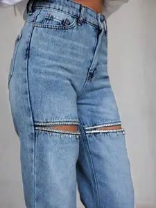 Chicsale Women's Straight Leg Jeans With Thigh Slit & Rhinestone Accent Elegant Denim Pants Casual Comfort Fit With Pockets
