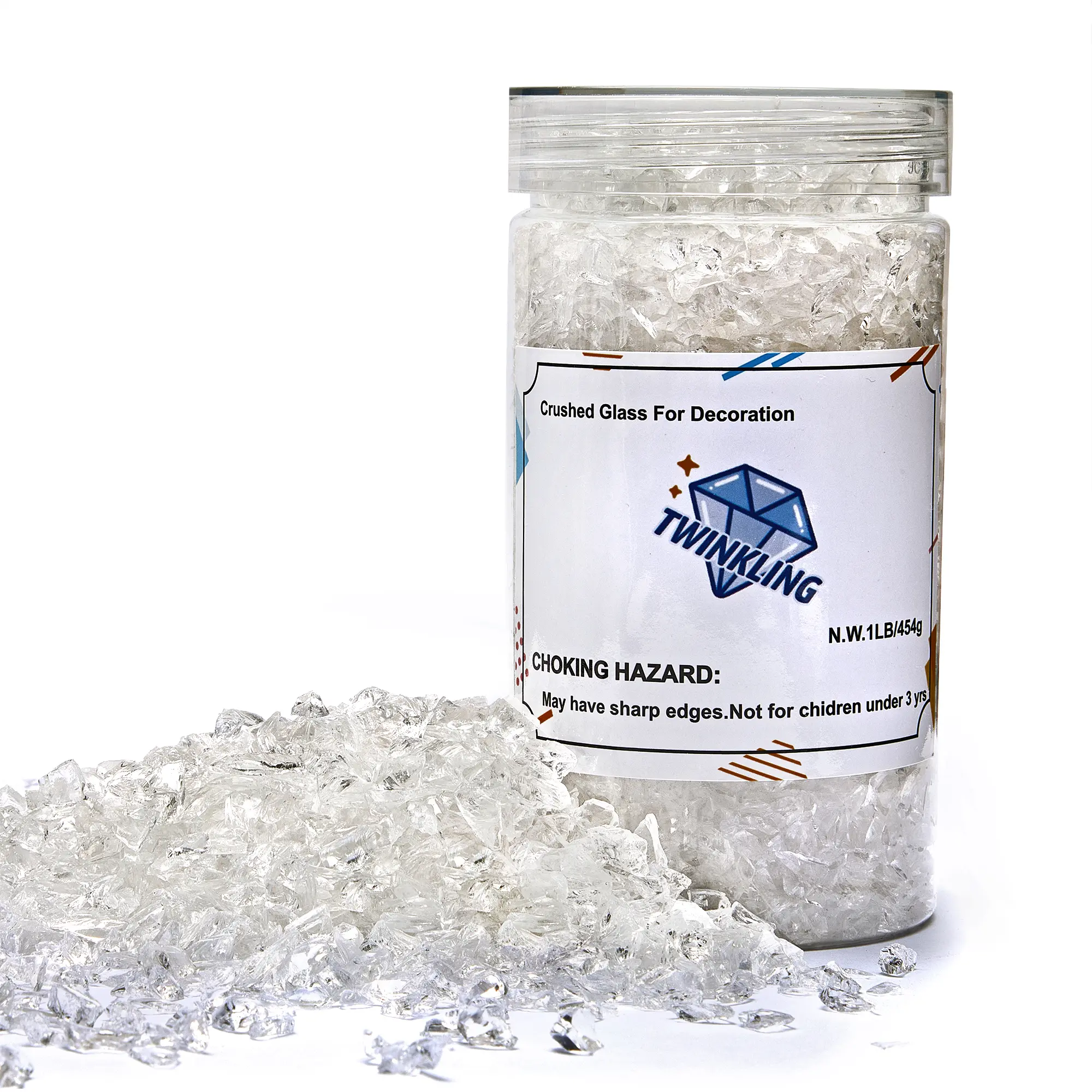 High Luster Fire Glass Gravel Stone Glitter,Broken Glass,Fire Gems Chips,Crushed Glass for Fire Pit Crafts Resin Art Aquarium Garden Decoration,3-6mm,1-Pound Jar (Crystal/Transparent)