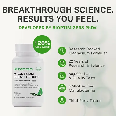 BiOptimizers Magnesium Breakthrough – 7 Forms of Full-Spectrum Magnesium (Glycinate, Malate, Citrate & More) for Sleep, Stress & Muscle Recovery, 365-Day Guarantee