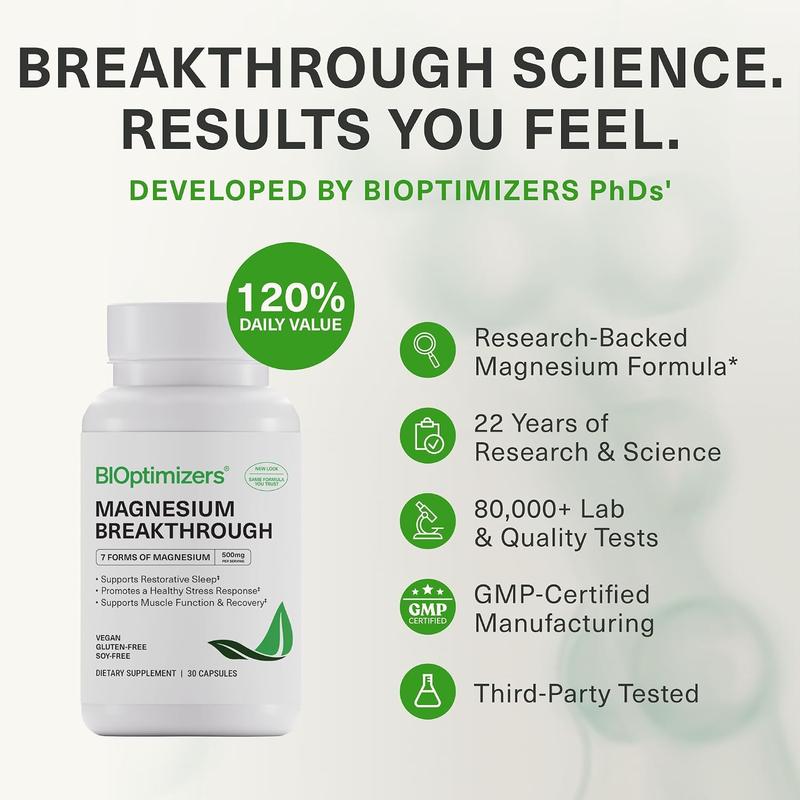BiOptimizers Magnesium Breakthrough – 7 Forms of Full-Spectrum Magnesium (Glycinate, Malate, Citrate & More) for Sleep, Stress & Muscle Recovery, 365-Day Guarantee