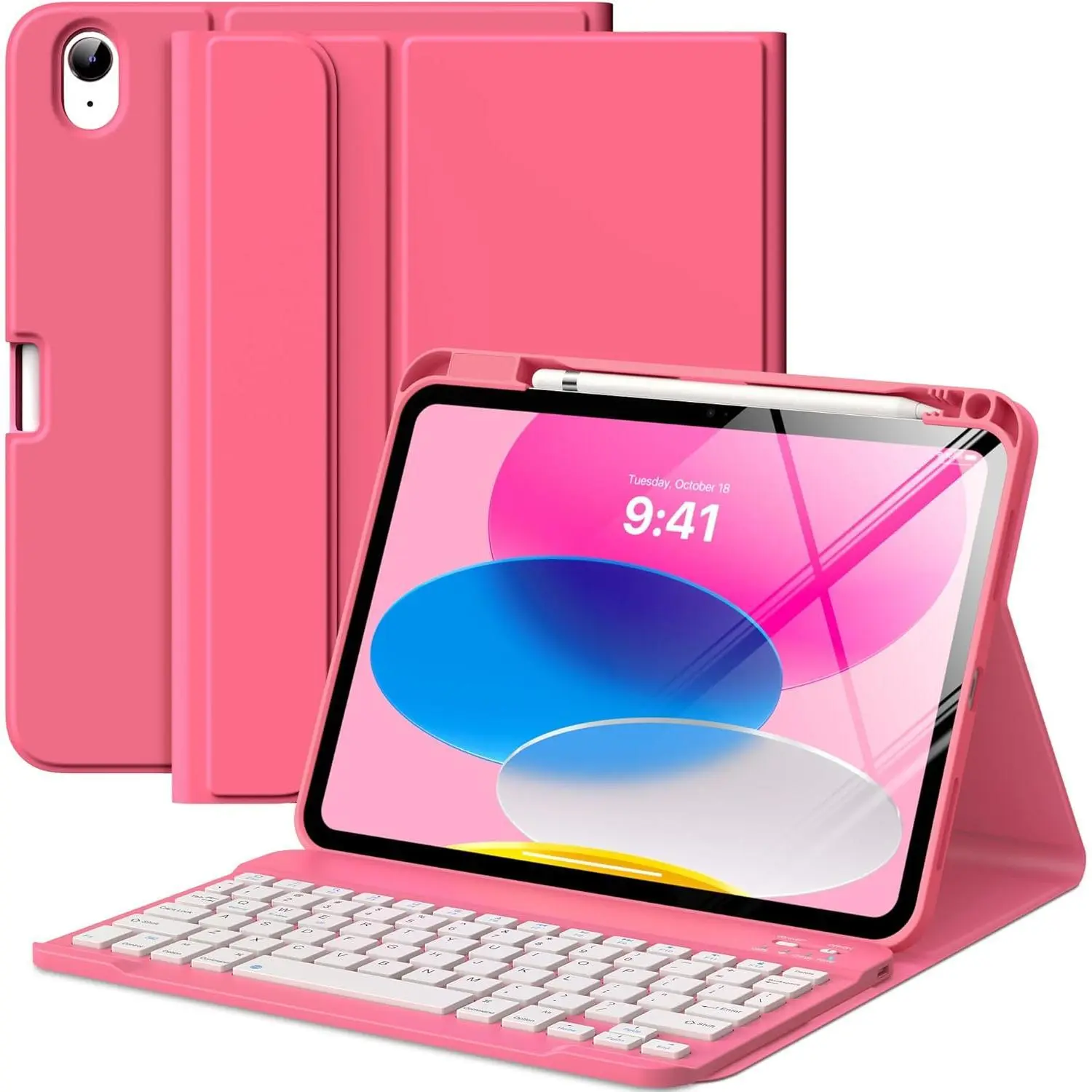 P-PCS02 Tablet Case with Wireless Magnetic Rechargeable Bluetooth Keyboard - Adjustable Automatic USB-Compatible for 11th Gen 11in iPad (A16) 2025, 10th Gen 10.9in iPad, Android Devices, Pencil Holder, Multi-Angle Detachable Pink Tablet Accessory