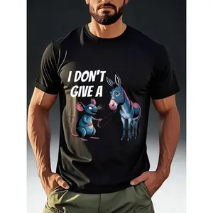 Men's Funny Donkey & Mouse Print T-Shirt - Humorous Short Sleeve Round Neck Summer Casual Tee with Mouse Riding Donkey Graphic, Machine Washable Quirky Top