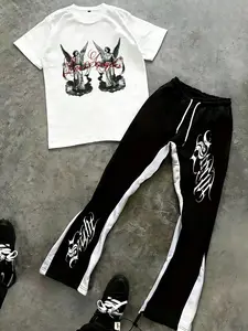 Men's Black T-Shirt & Pants Set, "Los Angeles" Winged Angels & Gothic Script Print Y2K Hip Hop Streetwear 2PC