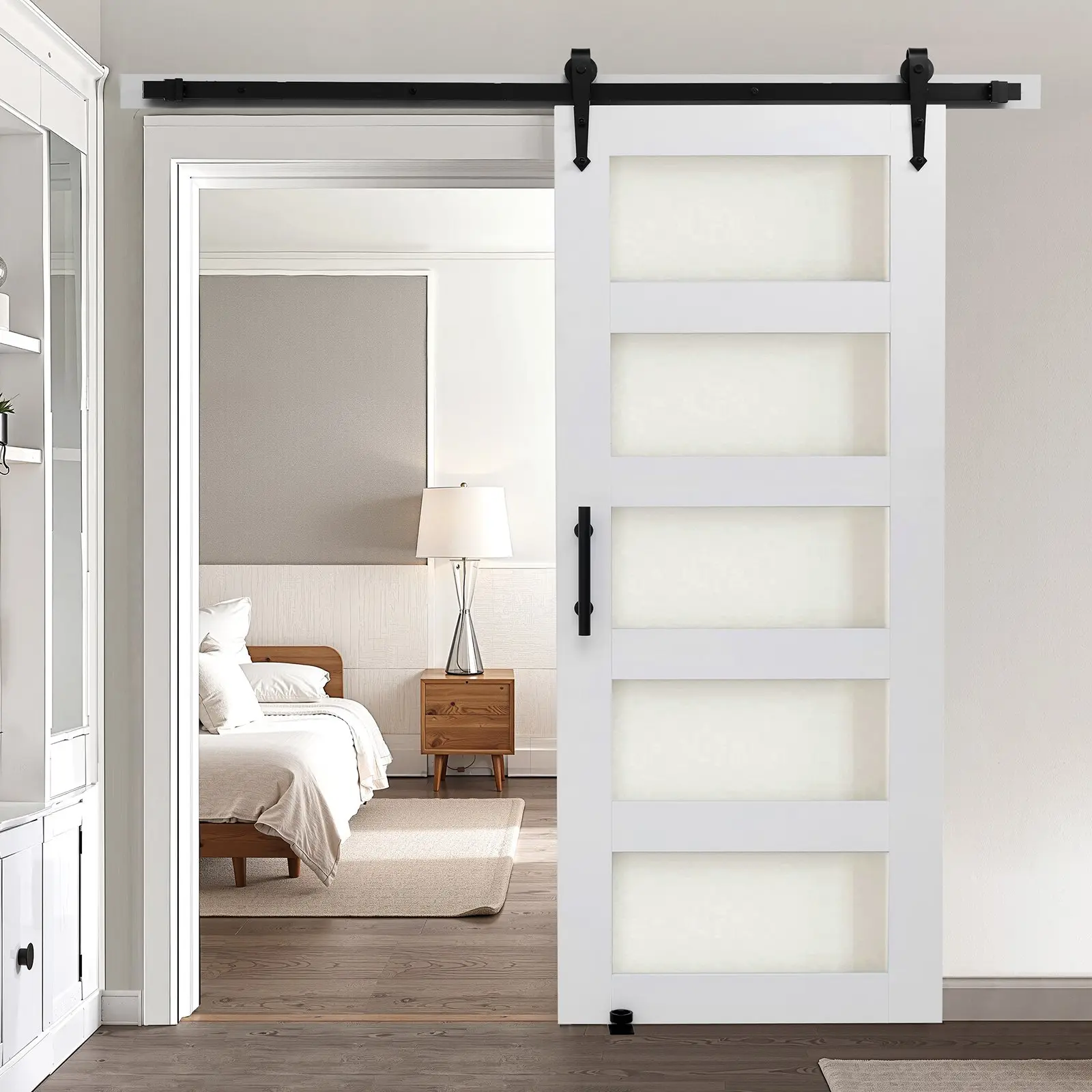 VEVOR Sliding Barn Door, 36x84 in, High-Strength MDF & Glass Panel, H-Frame Sliding Door with Hardware Kit, Waterproof PVC Surface, Easy Install for Living Room