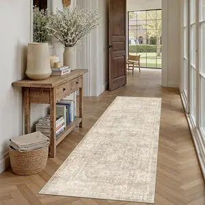 2x6 Beige Washable Runner Rug for Hallway Neutral Soft Non Slip Rug Low Pile Vintage Distressed Carpet for Bedroom Indoor Nursery