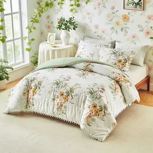 2/3 counts floral duvet cover set with pom-pom tassels, white background with colorful flower patterns, soft and comfortable green bedding, washable and breathable polyester material, 9 sizes, a romantic bedroom decor essential, pillowcase set, gift.