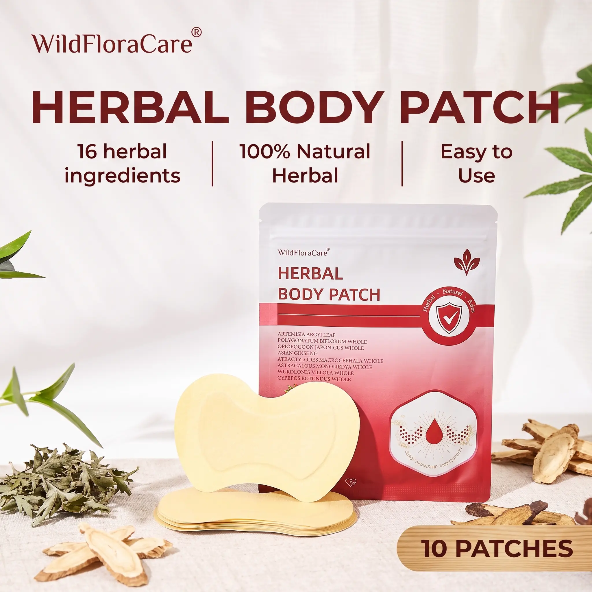 WildFloraCare Daily Body Healing Herbal Heat Patches, 10 Disposable Pcs/Box, Infused with 16 Chinese Herbs, Skin-Friendly Adhesive, Easy to Apply & Remove, Beauty Products