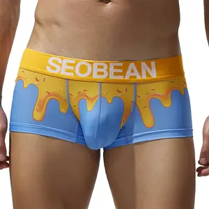 SEOBEAN Men's Fashion Printed Flat Corner Pants for Youth Sports and Fitness, Low Waist, Single layer Large Bag, Breathable Trendy Brand Underwear