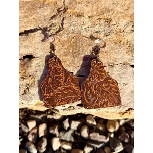 Tooled Leather Cowtag Earrings - Brown