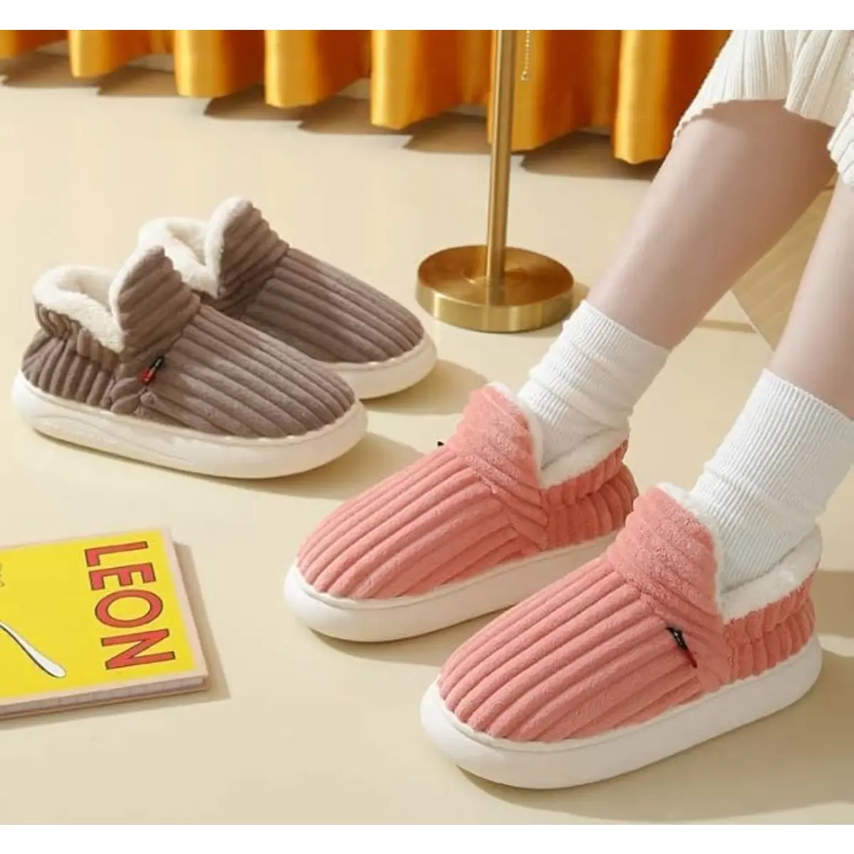 Fuzzy Warm Ankle Bootie Slippers for Women Men Plush Fleece Lined Indoor Outdoor House Shoes Memory Foam Arch Support Anti Slip Sole Cozy Comfort Gift Idea