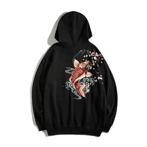 Kh9197 Niepce Black Japanese Streetwear Embroidery Koi Hoodie