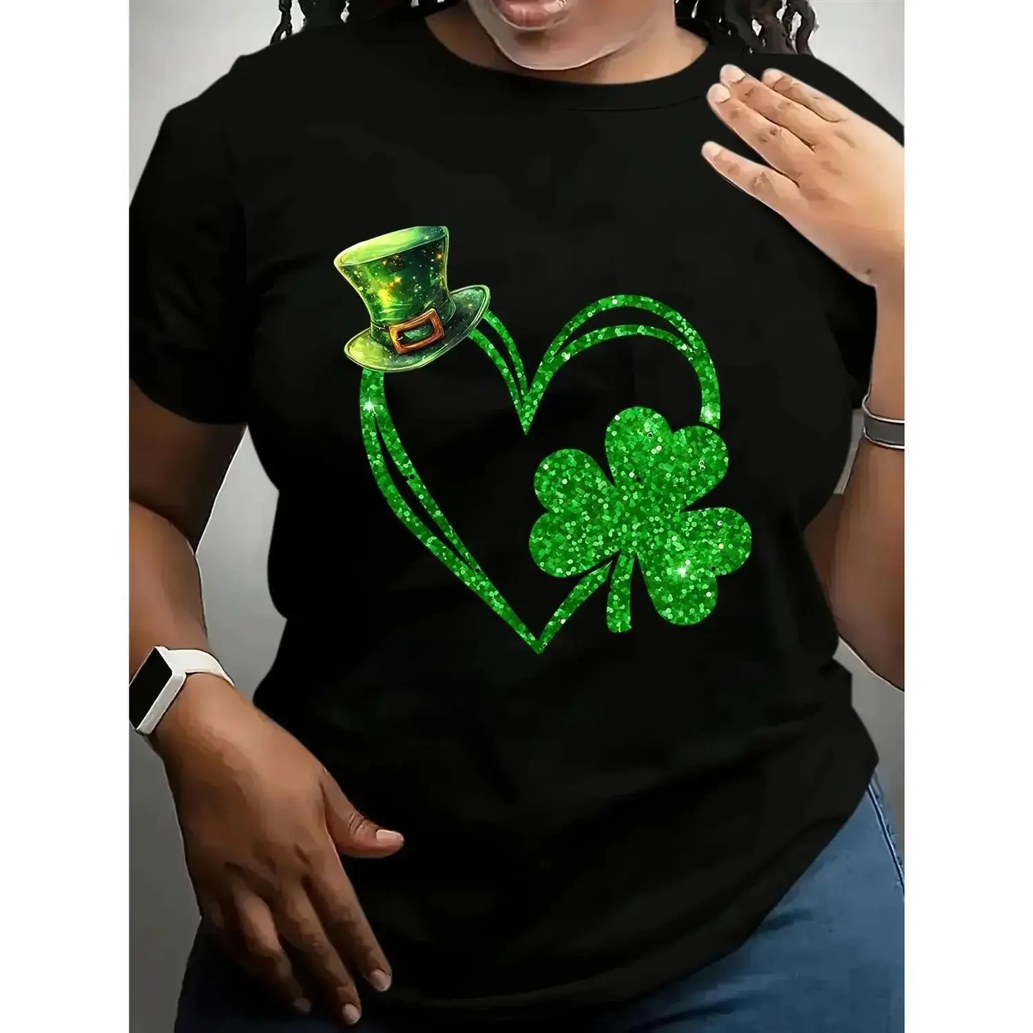 Green Women's St Patrick's Day T Shirt Featuring Short Sleeves Crew Neck Sparkling Heart and Clover Design with Lucky Four Leaf Clover and Leprechaun Hat Ideal for Celebrations Parties and Casual Outfits