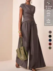 Women's Viscose Material Slim Fit Sleeveless Top, Casual Long Pants Set, All Seasons Fashion, Plain Surface, Unlined Tee