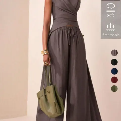 Women's Viscose Material Waist Cinched Sleeveless Blouse, Casual Minimalist Loose Long Pants Set, All Seasons Fashion Style, Pants Top Set