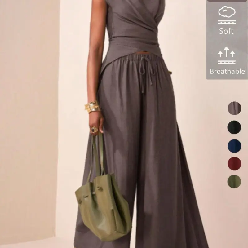 Women's Viscose Material Waist Cinched Sleeveless Blouse, Casual Minimalist Loose Long Pants Set, All Seasons Fashion Style, Pants Top Set