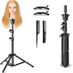 Wig Stand Tripod with Brush and Clip, Adjustable Wig Head Stand for Styling Cosmetology Hairdressing Training, Heatless Styling Tool for Women & Men