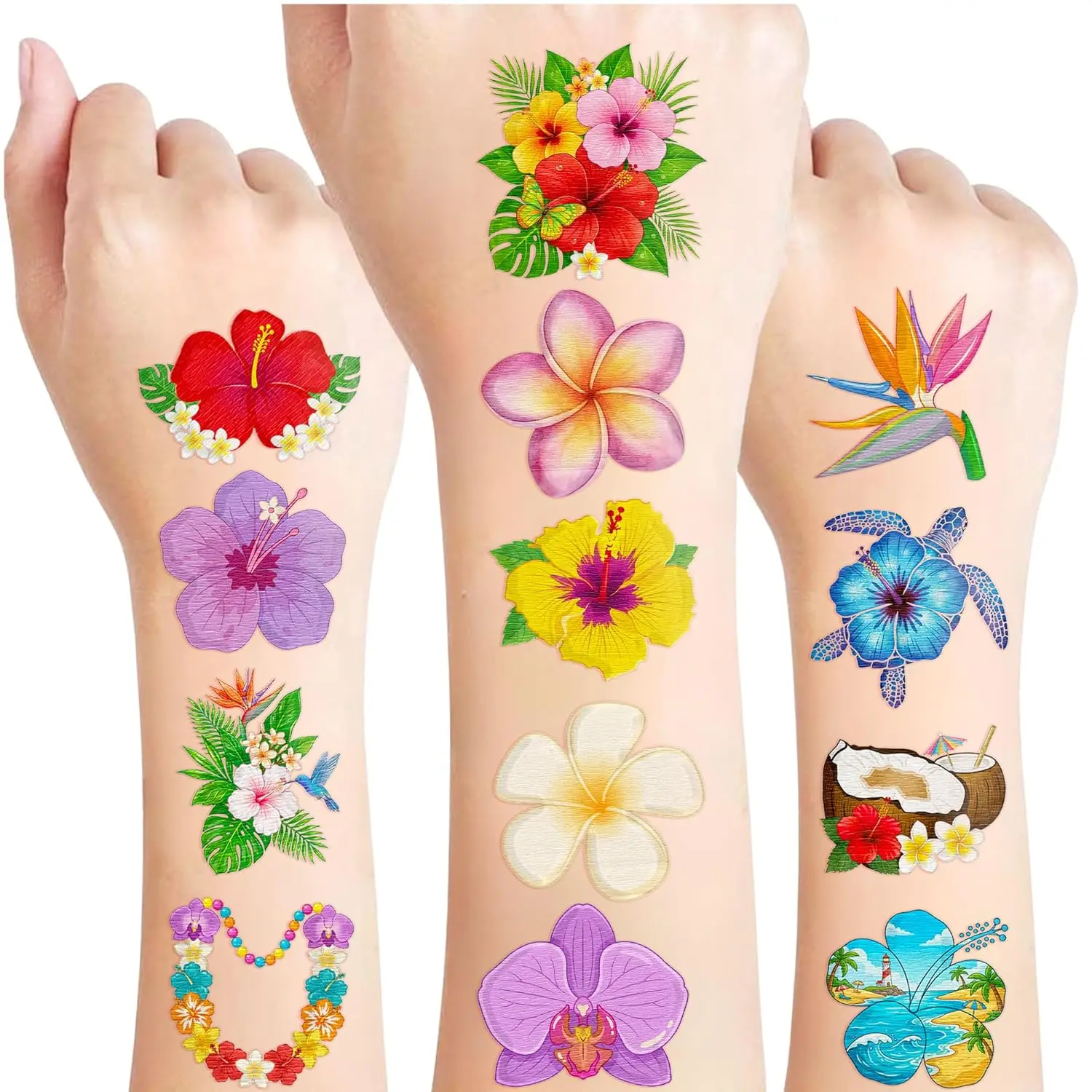 96PCS Tropical Flower Temporary Tattoos Stickers - Summer Hawaii Themed Party Favors & Decor Accessories, Hibiscus Plumeria Gift for Kids, Beauty & Personal Care Makeup Supplies