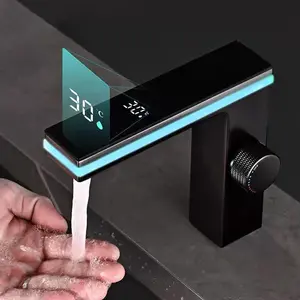 Senlesen Temperature Digital Display Bathroom Sink Faucet, Modern Smart LED Bathroom Vanity Faucet Single Handle Basin Mixer Faucet 1Hole Matte Black