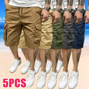 5-Pack Men’s Sport Casual Cargo Shorts — Multiple Pockets, Drawstring Elastic Waist, Decorative False Zipper; Suitable for Outdoor Hiking, Daily Running, and Commuting
