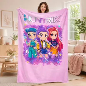 Huntrix Girl Squad Flannel Throw Blanket, Colorful Anime Art Print with Star and Sword Elements, Soft Cozy Lightweight Fleece for Sofa Bed, Bedroom Office, Travel Birthday Gift