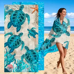 Turtle-printed beach towel, ultra-fine fiber beach towel, with coconut tree pattern on the back. Suitable for beach vacations, outdoor trips. Features include super softness, quick absorption and fast drying. A wonderful gift.