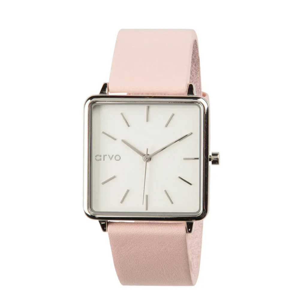 Arvo Time Squared Watch - Silver - Blush Pink Leather