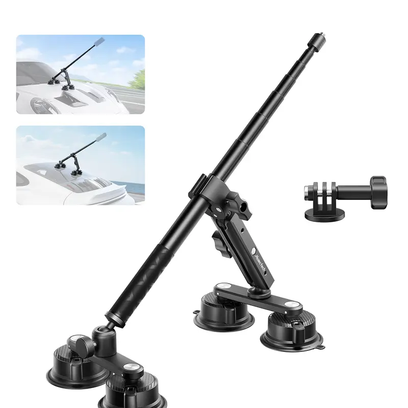 Maectech 4-Suction-Cup Car Action Camera Holder Kit - Adjustable Double-Layer Suction Cup, 47.24 inch/120 cm Telescopic Stick, Ball Head, Adjustable Angle for Insta360 X5, GoPro, Bicycles, Works on Glass, Metal, Ceramic, Video Recording Accessories