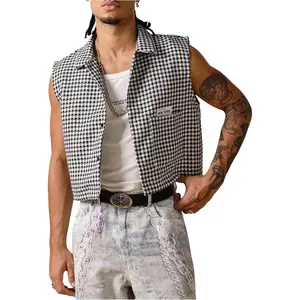 GORGLITTER Men's Gingham Plaid Cropped Shirt Button Up Sleeveless Boxy Y2K Collar Streetwear Vest Tops