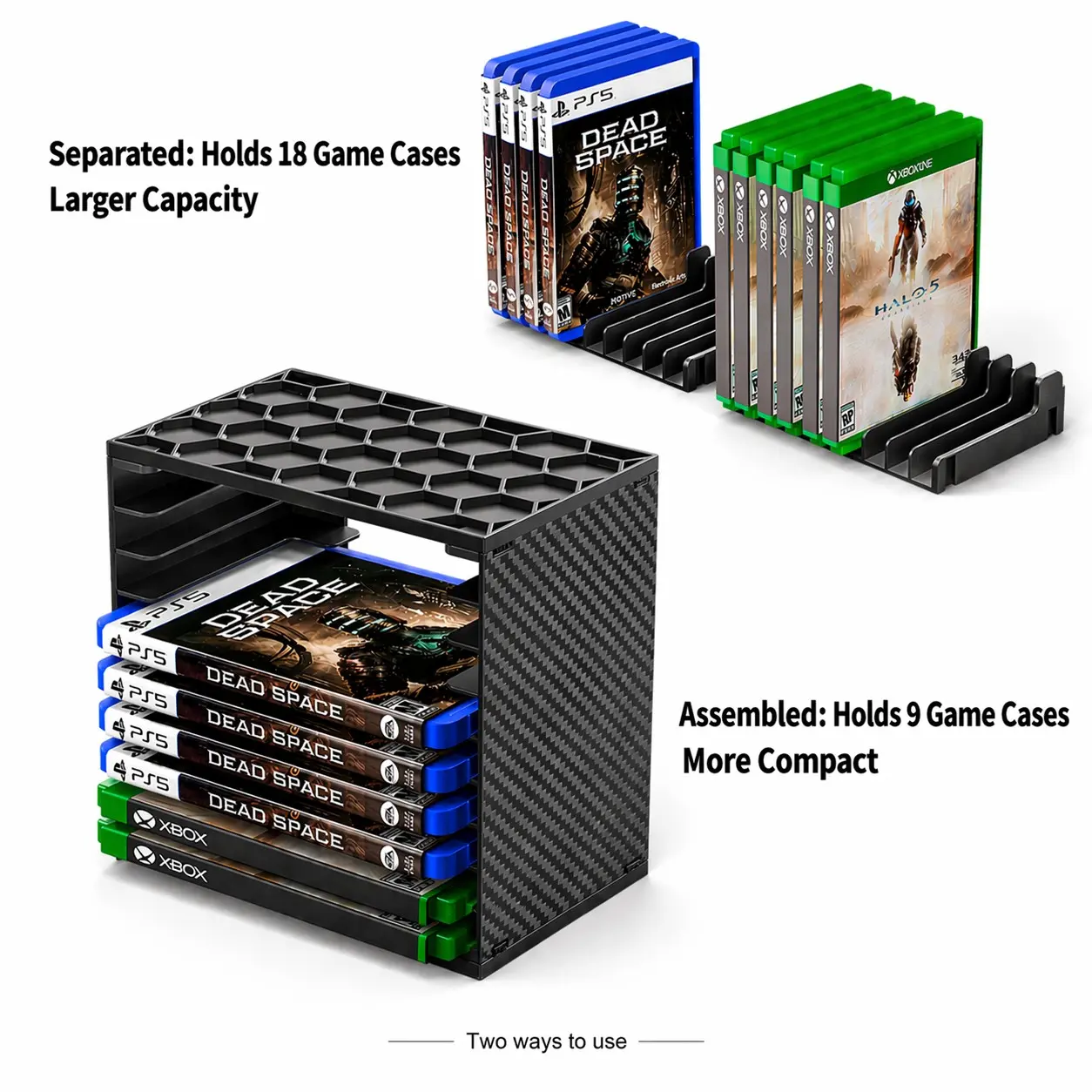 Video Game Case Storage Rack, Collectibles Shelf Rack for Standard Game Cases, Stackable Desktop Organizer, 1-Pack Holds 9 Slots Assembled or 18 Slots Separated, 2-Pack Holds 18 or 36 Slots, Carbon Fiber Pattern Side Panels, Honeycomb Top