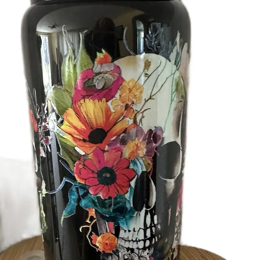 16 ounce black glass skull cup with straw
