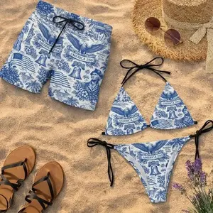 America 250th Anniversary Blue and White Matching Couples Swimwear Set, Women's Bikini Men's Shorts, 4th of July Vacation
