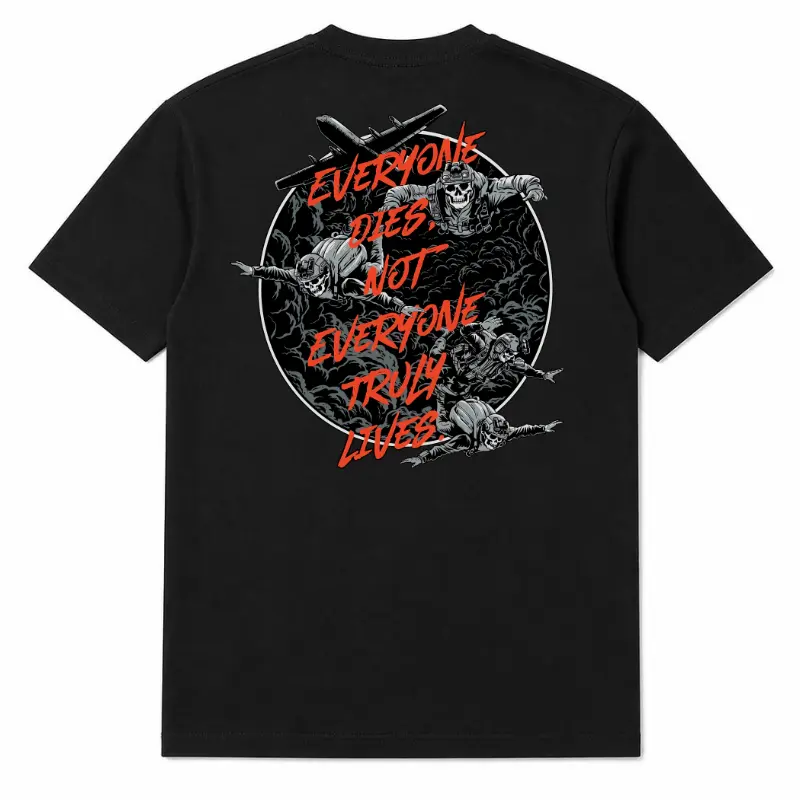 Airborne Skull Graphic T-Shirt, Casual Loose-Fitting Cotton Streetwear, Unisex Short Sleeve Crew Neck with Military Motivation Quote, Shortsleeve, Round Neck, Ache-Prone Skin Safe, No, Tops, Oversized Fit, Tshirt, Menswear
