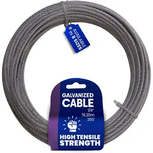 Galvanized Steel  - 1/4 in x 250 FT 7X19 Core Flexible  Wire for Fencing, Clothesline, Deck Railing, Pulley, and Winch Loop Rope with 1400 LBS Working Load Limit for Home and Industrial Use