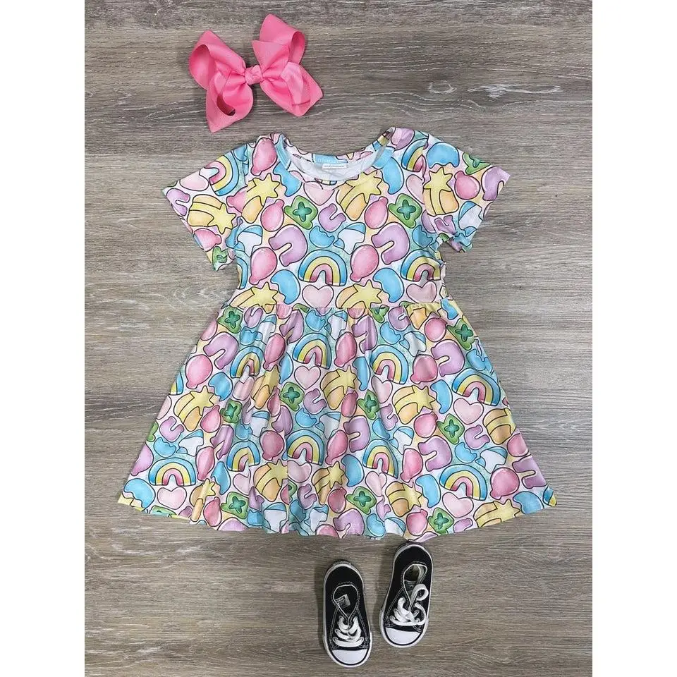 Lucky Charm Girls, Baby or Toddler Size Short Sleeve St. Patrick's Day Shamrocks & Rainbows Dress