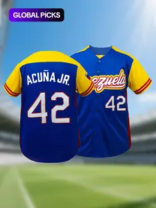 Men's Venezuela #42 Baseball Jersey, Breathable V Neck Short Sleeve Baseball Shirt, Sporty Embroidered Button Front Top, Sports Tops for All Seasons Activewear Clothing