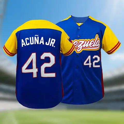 Men's Venezuela #42 Baseball Jersey, Breathable V Neck Short Sleeve Baseball Shirt, Sporty Embroidered Button Front Top, Sports Tops for All Seasons Activewear Clothing, Embroidery Sportswear, Jersey Shirts