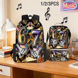 3Pcs "67" Diamond Print Backpack Set Durable 600D Oxford Cloth School Bag Insulated Lunch Box & Pencil Case Combo Adjustable Breathable Strap Large Capacity Fits 15in Laptop for Kids Teens School Travel Outdoor Use