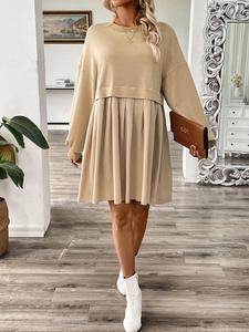 women's 2 in 1 patchwork pleated drop shoulder sweater dress, casual long sleeve round neck short dress for spring & fall, women's clothing for daily wear, womenswear