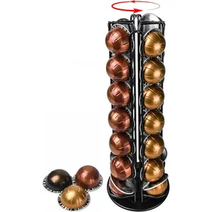 360° Spinning 28 Capacity Black Coffee Pod Carousel Holder Stand Holds 28 Capsules Compact Countertop Organizer with Silent Rotation Durable & Modern