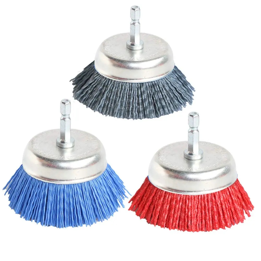 3 count 3 Inch Assorted Cup Brushes Abrasive Wire Nylon Cup Brush for Drill,Grit 80 120 320 with 1/4" Shank,Rotary Brushes for Machines