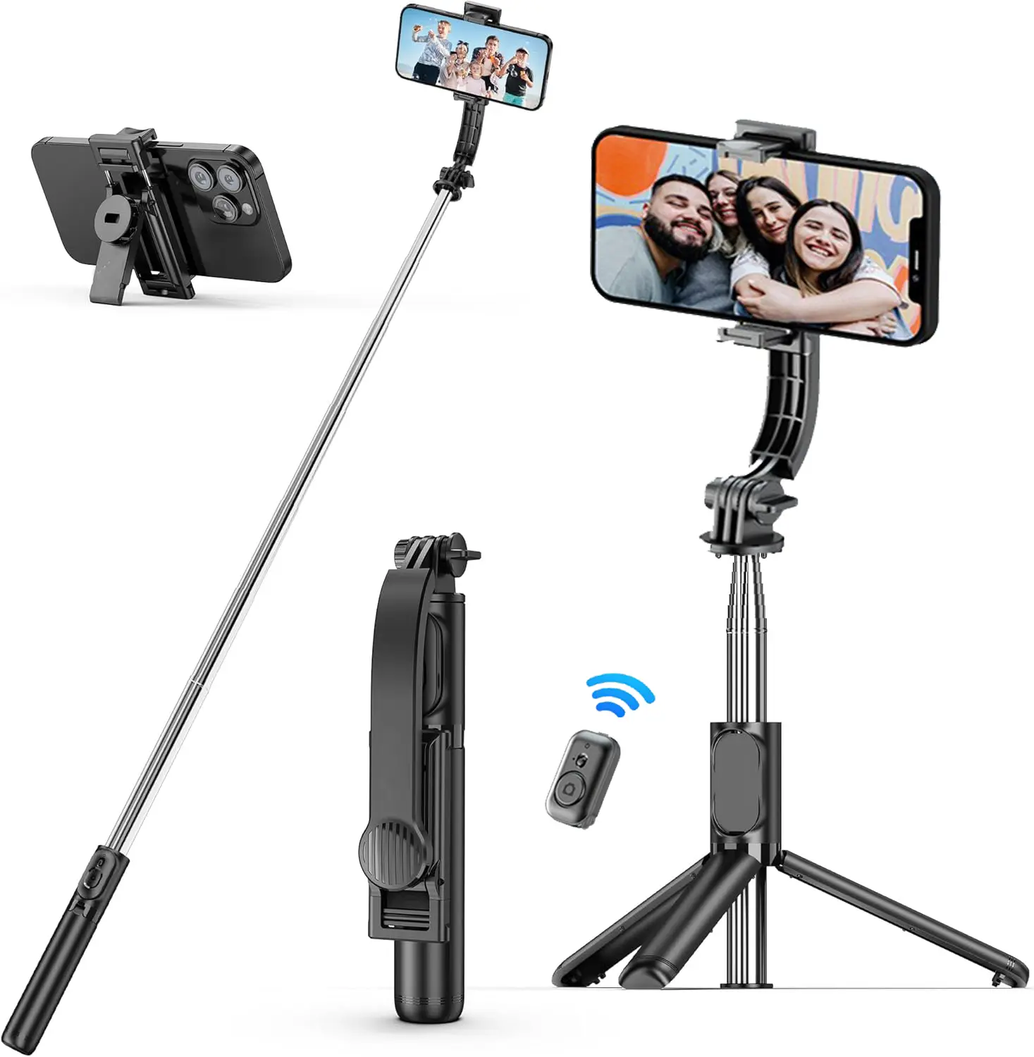 40in Compact Retractable Selfie Stick Tripod with Wireless Remote, Foldable Clip, Portable Lightweight Mobile Camera Stand, Button Control, Compatible with iPhone 15/14/13/12 Pro/Xs Max/X/8Plus, Samsung Devices & More, Handle