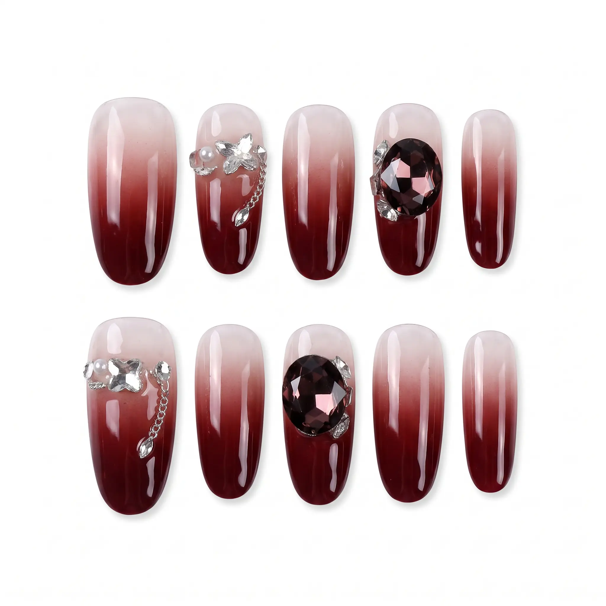 Burgundy Press On Nails, Wine Red Gradient Glossy Fake Nails with Rhinestone Crystal Design, Reusable Jelly Gel Nail Tips, Luxury Short Medium Manicure Set for Women, Party, Date Night, Wedding & Holiday Wear