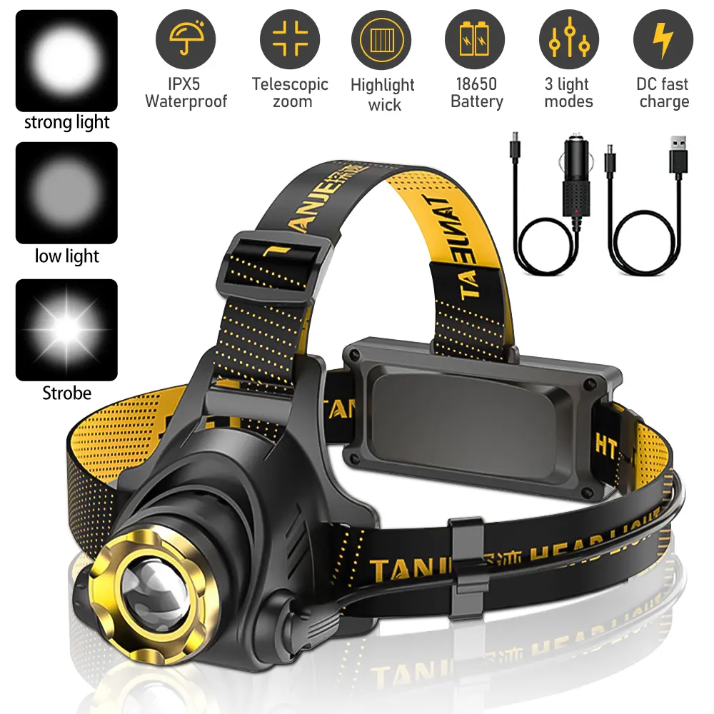 Outdoor Camping Super Bright LED Headlamp Headlight Flashlight 1200000lm Torch USB Rechargeable, 3 Modes Zoomable Headlamp, Energy-Saving Battery, Waterproof LED Head Lamp Angle Adjustable for Running Hunting Working